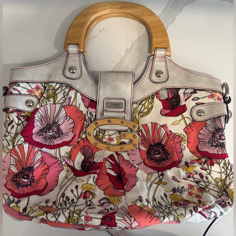 GUESS wood handle floral canvas purse bag carryall poppy classic garden party - Picture 2 of 6